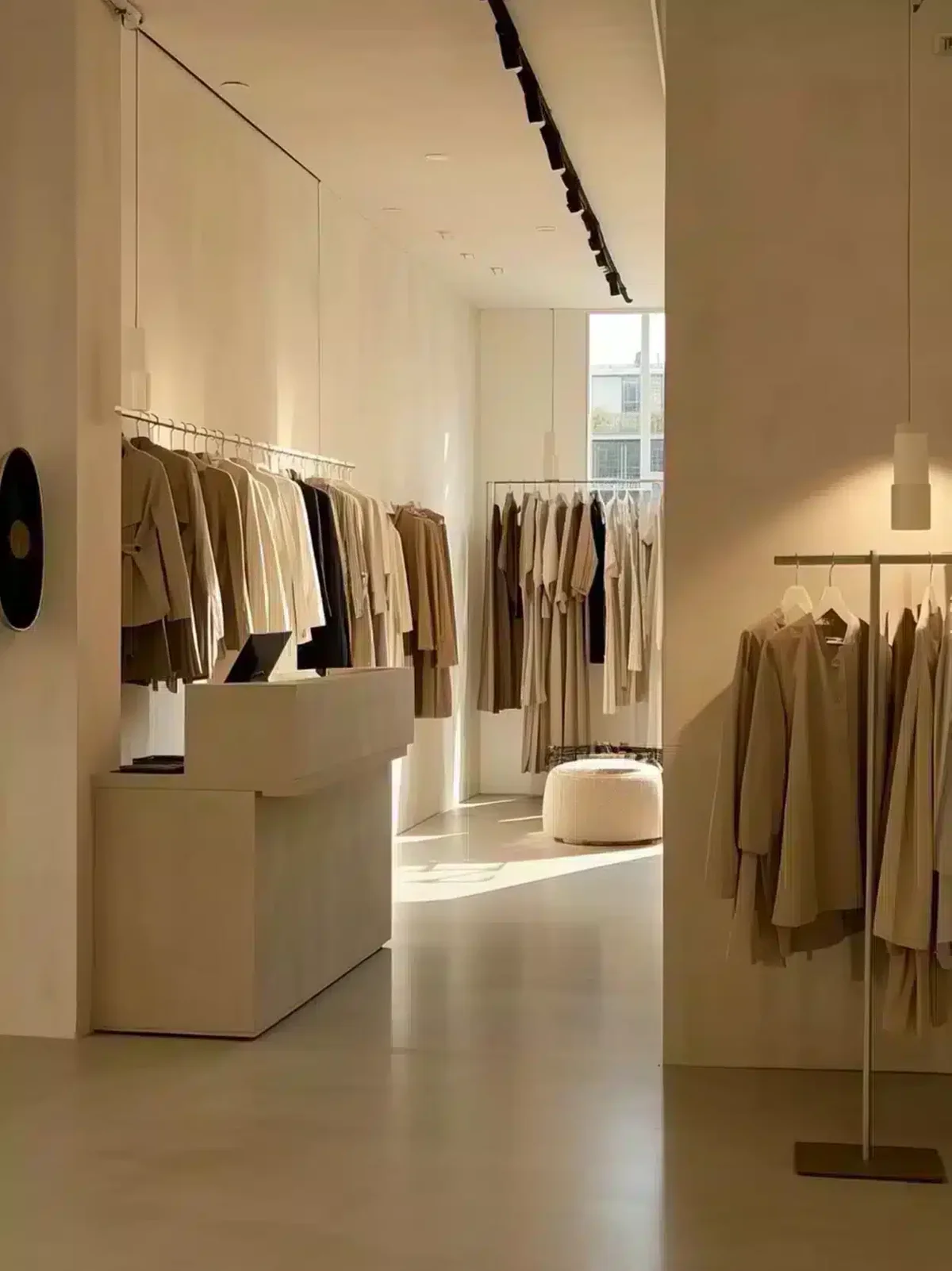 Minimalist fashion store interior with white Fanan Display hangers